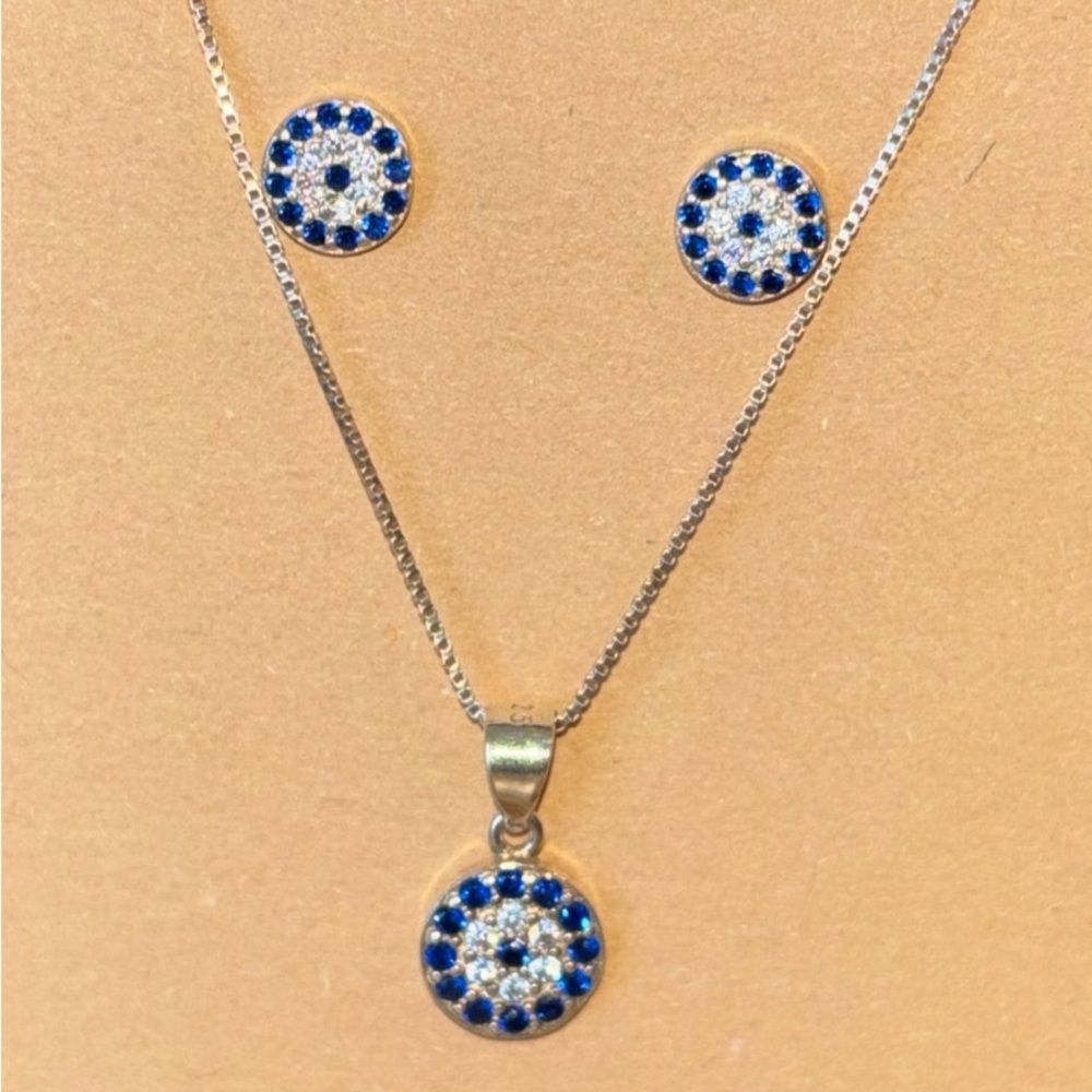 Tiny cute evil eye 925 sterling silver necklace and earring set blue/clear